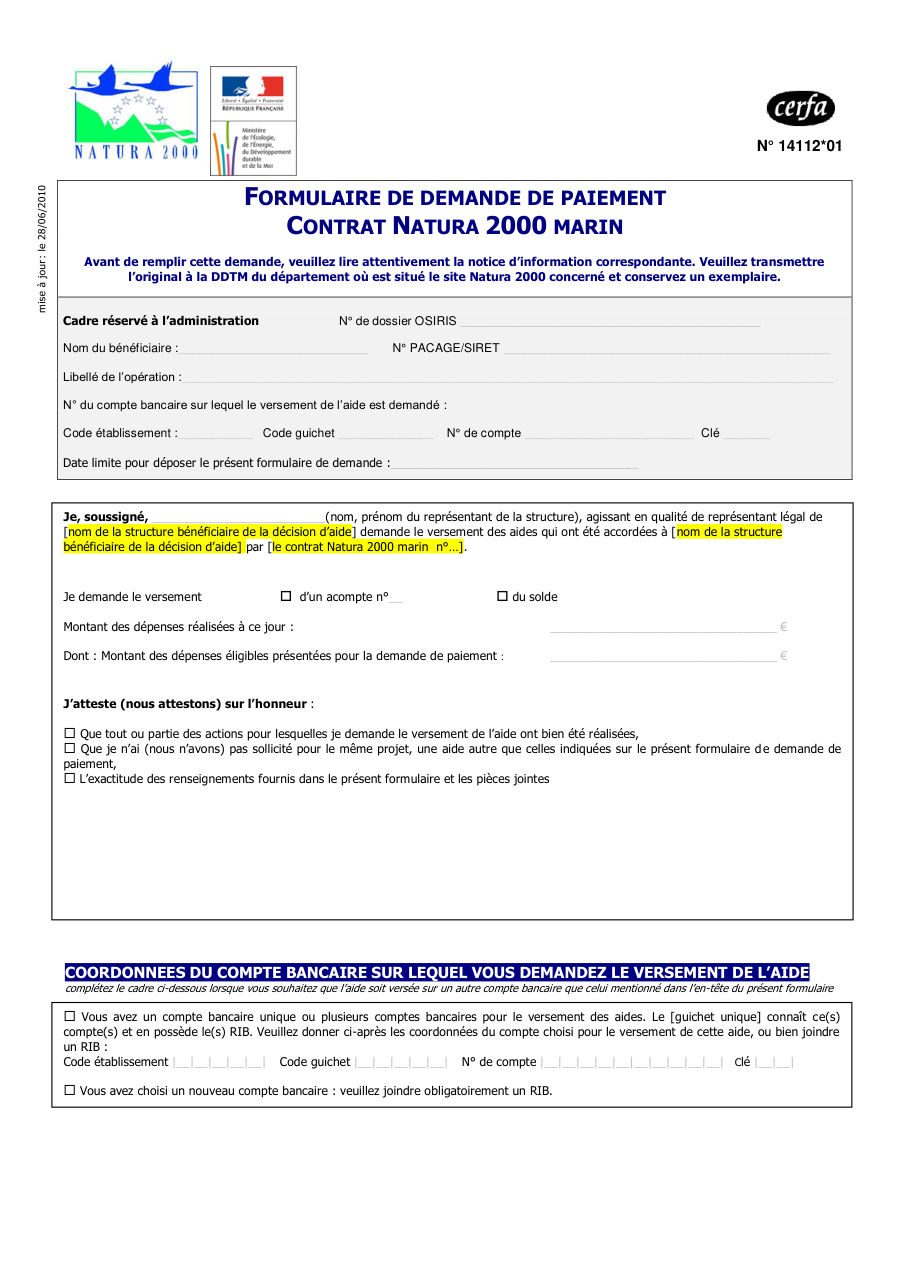 Page 1 du formulaire cerfa 14112 — Formulaire de demande de paiement — contrat Natura 2000 marin