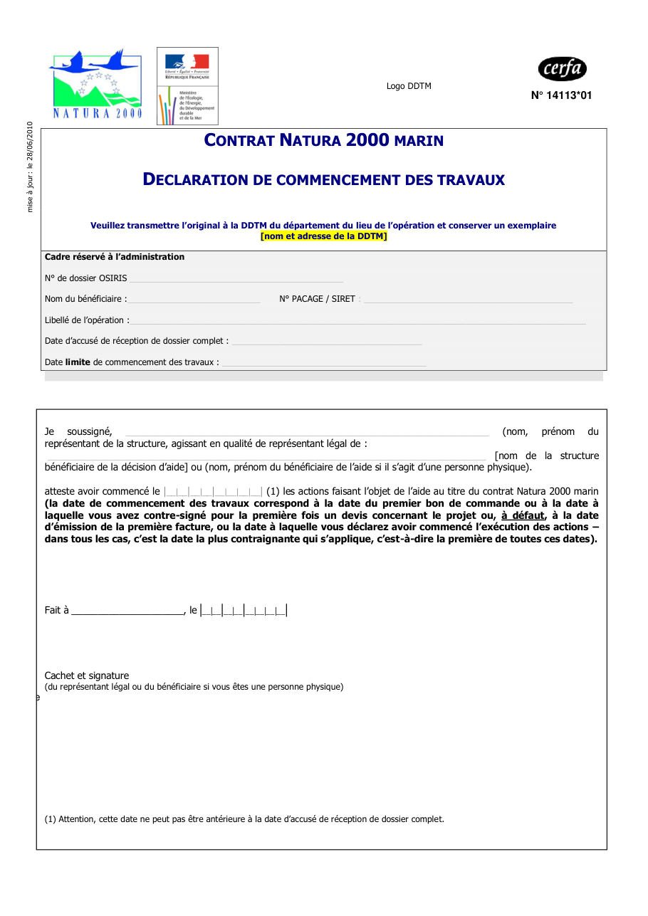 Page 1 du formulaire cerfa 14113 — Déclarer le commencement des travaux d'un contrat Natura 2000 marin