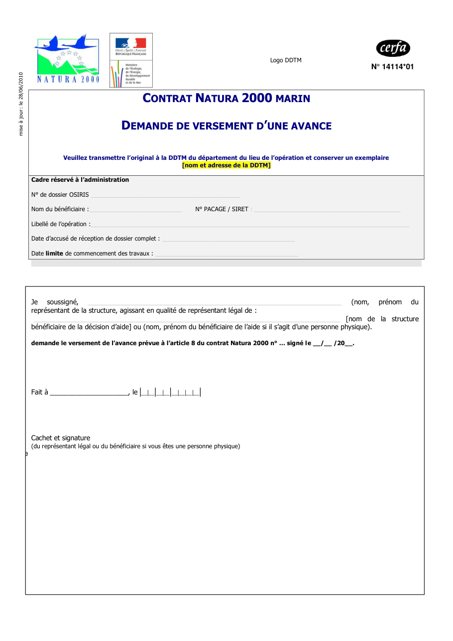 Page 1 du formulaire cerfa 14114 — Contrat Natura 2000 marin : demande de versement d'une avance