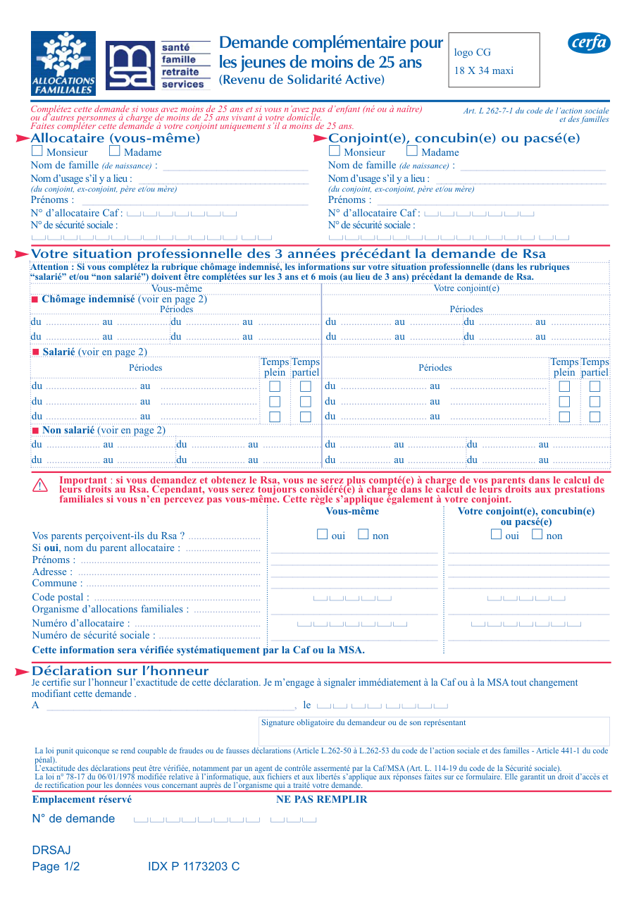 Page 1 du formulaire cerfa 14130 — Demande complémentaire RSA jeunes