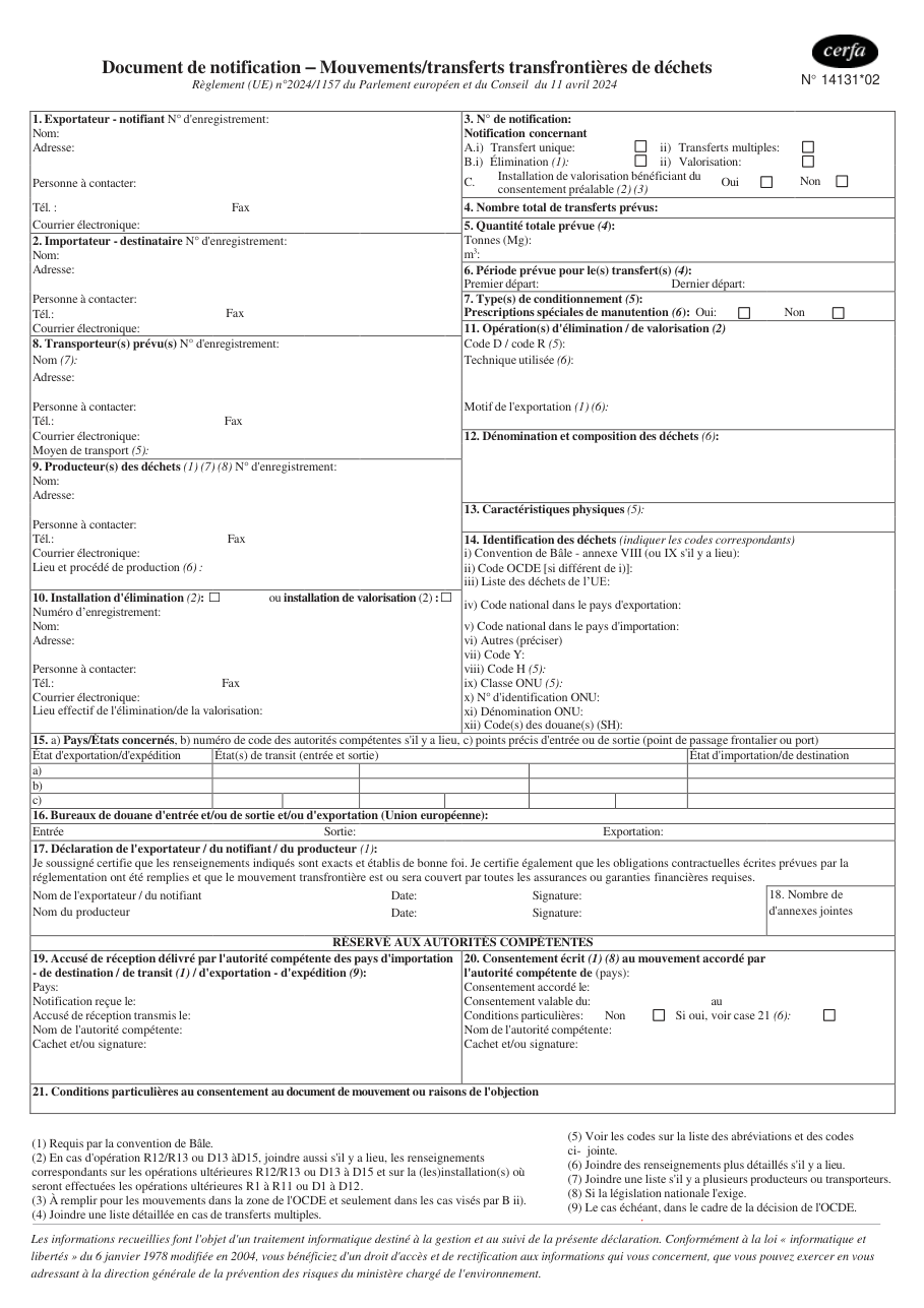 Page 1 du formulaire cerfa 14131 — Document de notification – Mouvements/transferts transfrontières de déchets