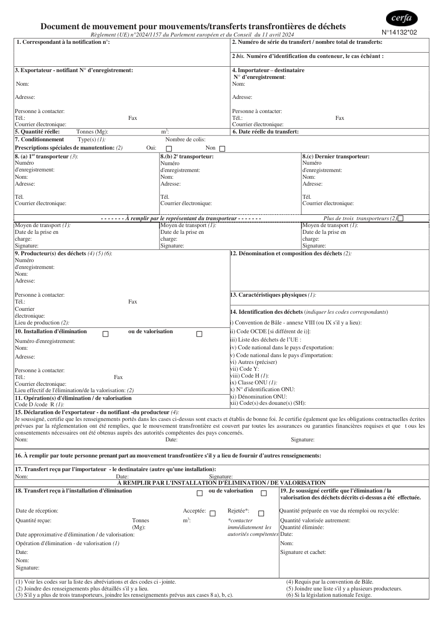 Page 1 du formulaire cerfa 14132 — Document de mouvement pour mouvements/transferts transfrontières de déchets