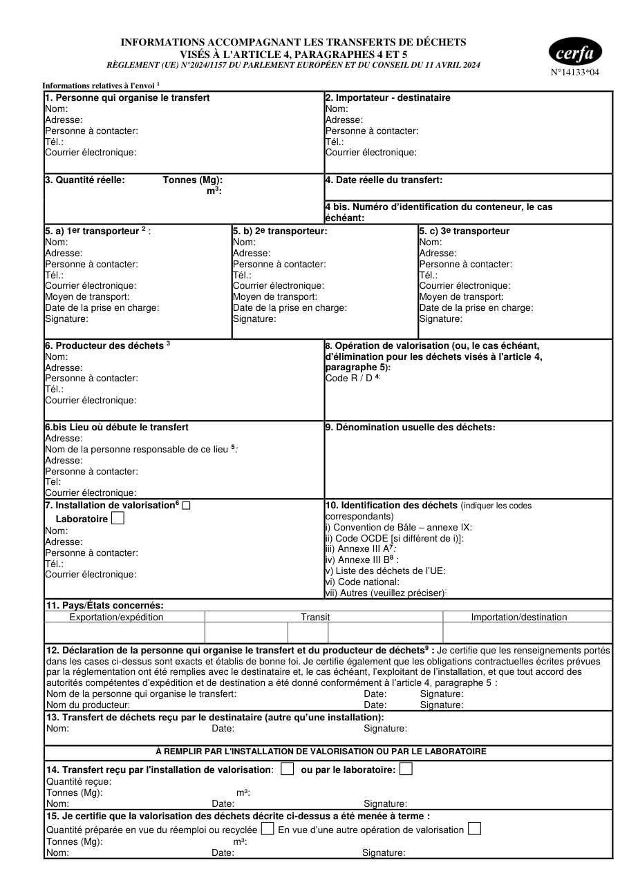 Page 1 du formulaire cerfa 14133 — Informations accompagnant les transferts de déchets visés à l'article 4, paragraphes 4 et 5