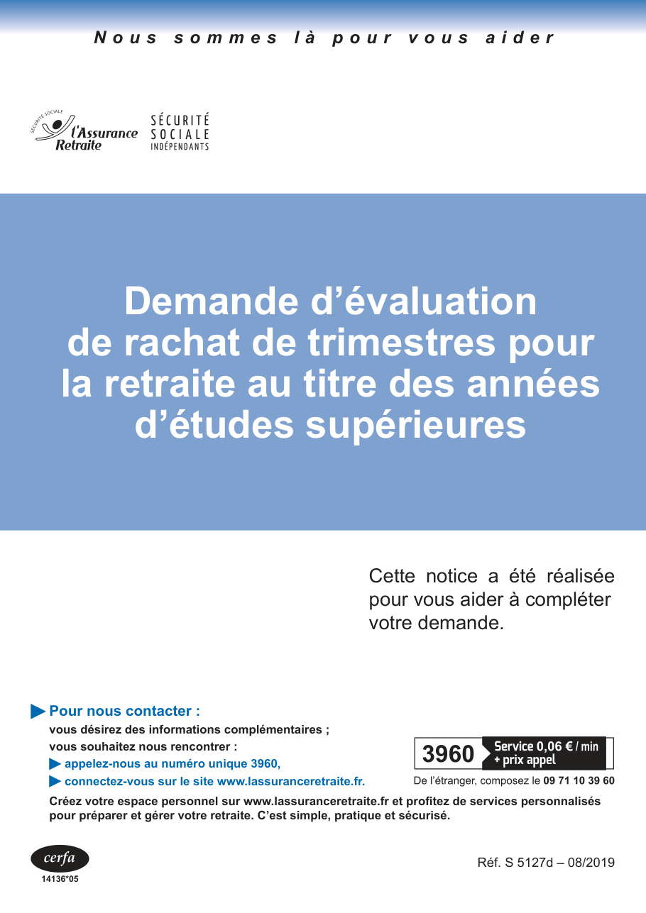 Page 1 du formulaire cerfa 14136 — Rachat de trimestres études pour retraite