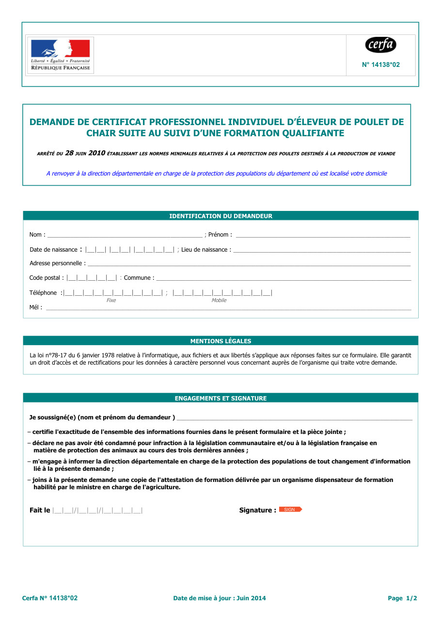 Page 1 du formulaire cerfa 14138 — Demande de certificat professionnel individuel d'éleveur de poulet de chair suite au suivi d'une formation