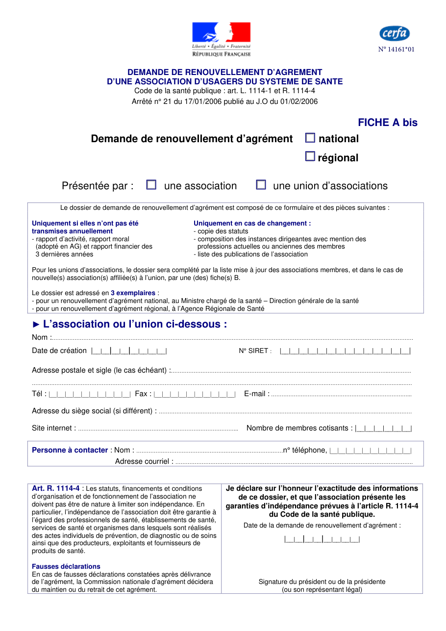 Page 1 du formulaire cerfa 14161 — Renouveler l'agrément d'une association d'usagers du système de santé