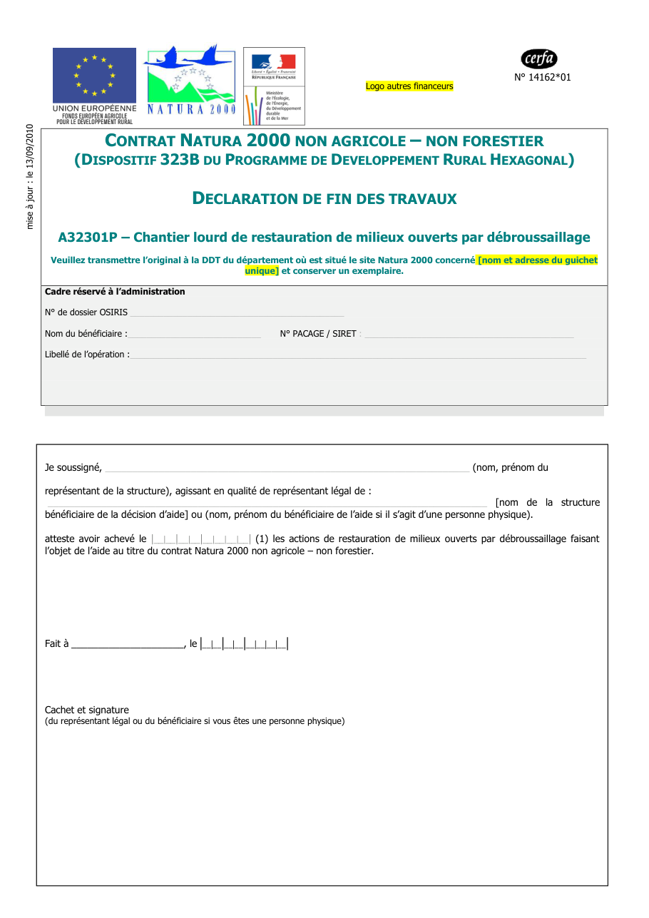 Page 1 du formulaire cerfa 14162 — Non agricole non forestier eclaration de fin des travaux