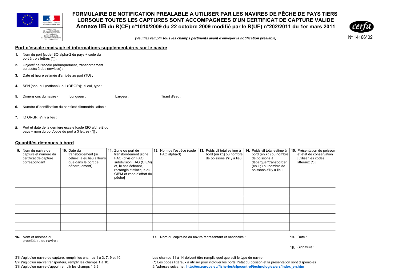 Page 1 du formulaire cerfa 14166 — Formulaire de notification préalable à utiliser par les navires de pêche de pays tiers