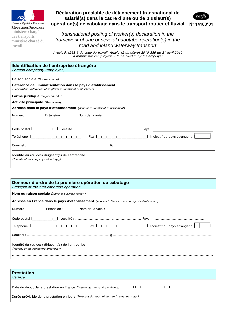 Page 1 du formulaire cerfa 14188 — Déclaration préalable de détachement transnational de salarié(s) dans le cadre d'opération