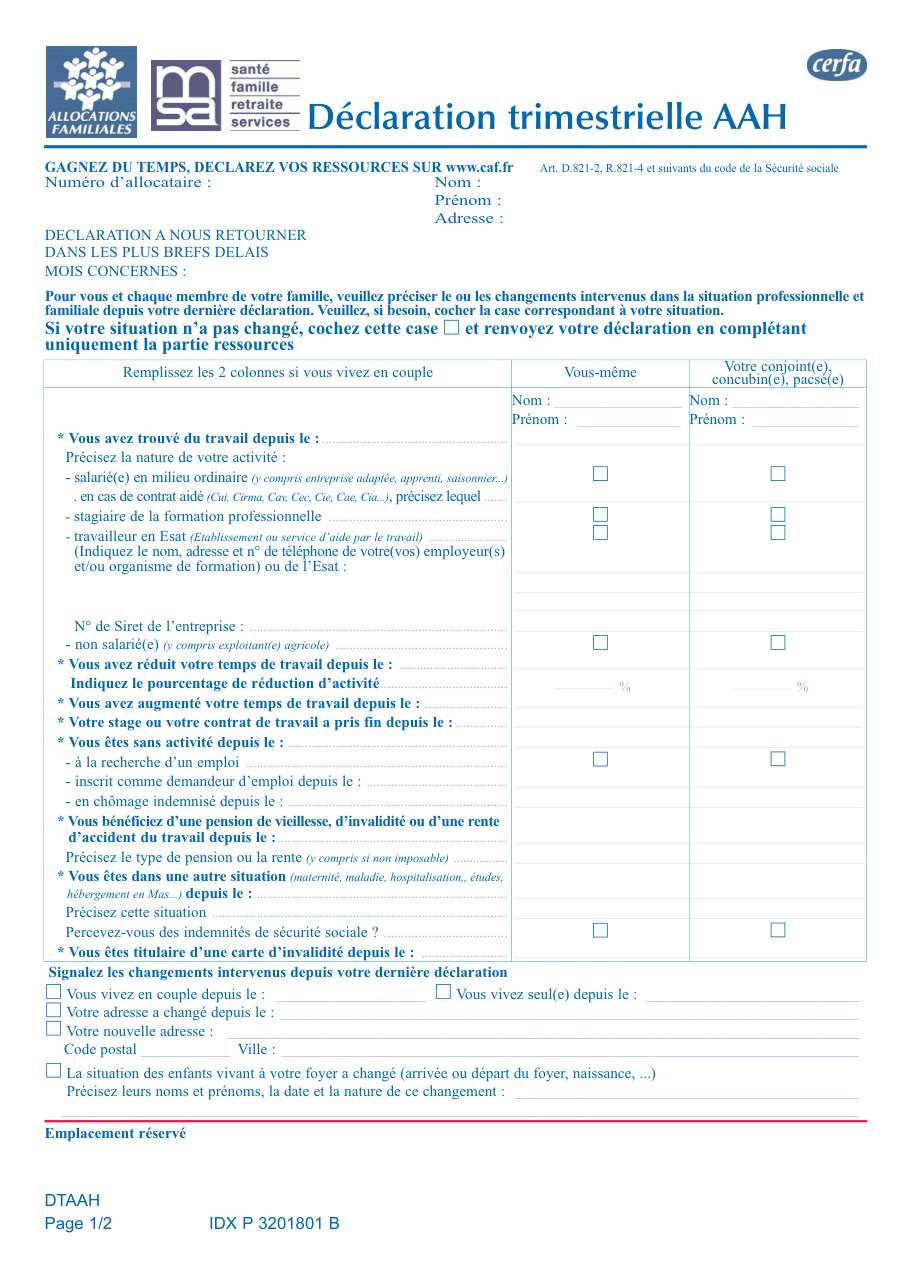 Page 1 du formulaire cerfa 14208 — Déclaration trimestrielle AAH