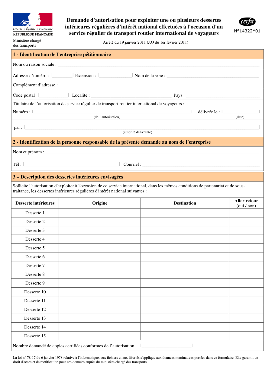 Page 1 du formulaire cerfa 14322 — Demande d'autorisation pour exploiter une ou plusieurs dessertes