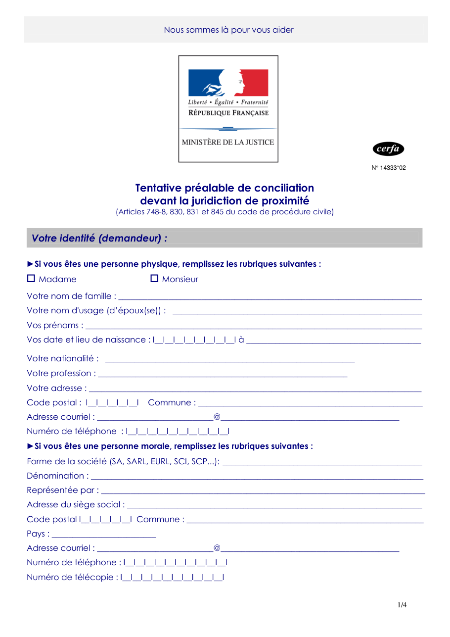 Page 1 du formulaire cerfa 14333 — Tentative préalable de conciliation devant la juridiction de proximité