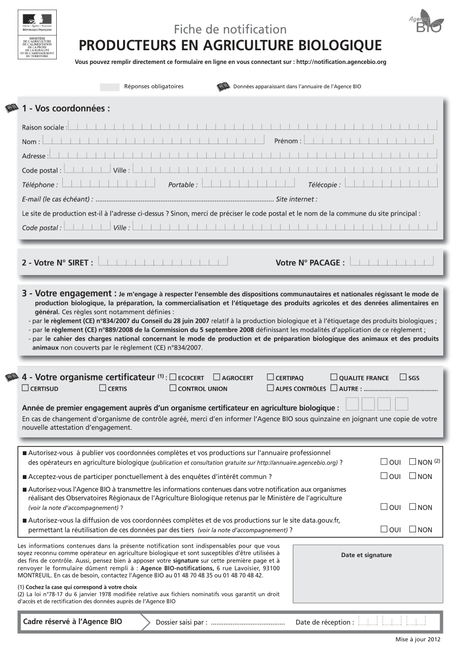 Page 1 du formulaire cerfa 14341 — Fiche de notification – Producteurs en agriculture biologique
