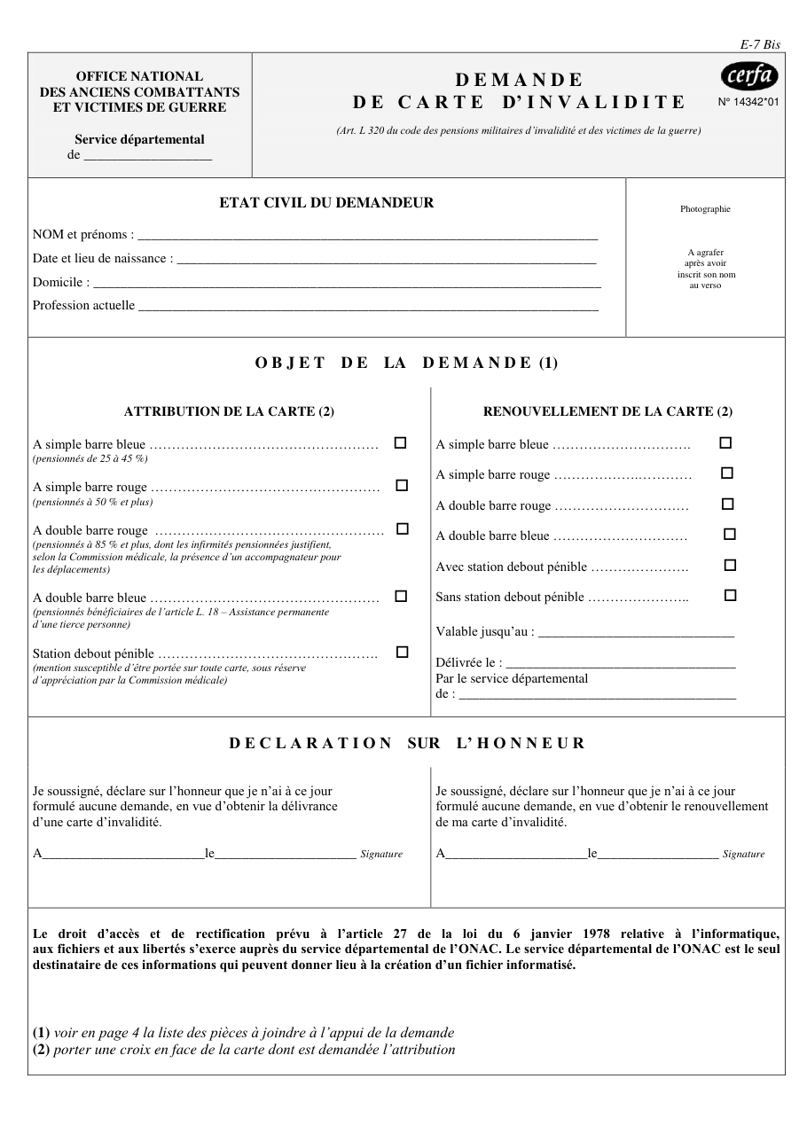 Page 1 du formulaire cerfa 14342 — Demande de carte d'invalidité