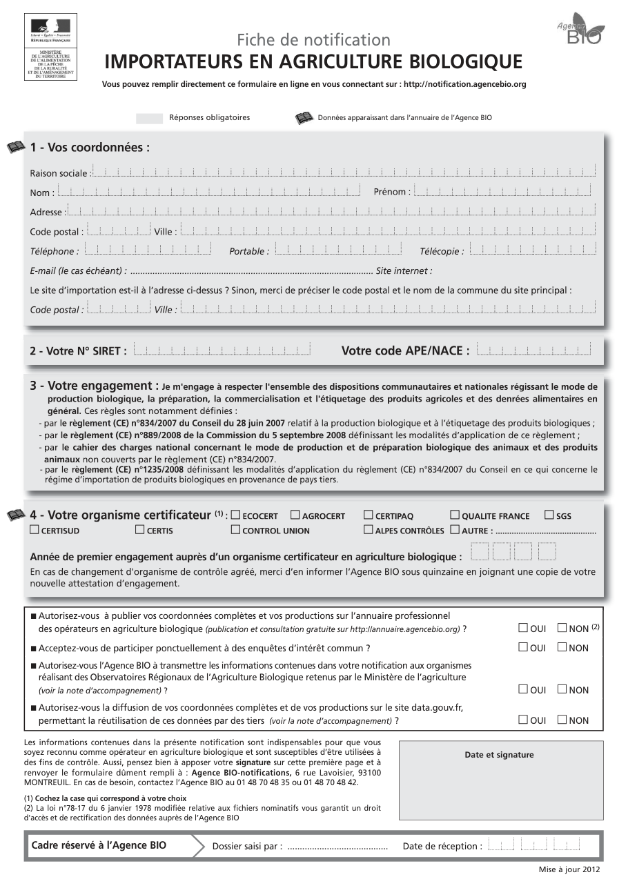 Page 1 du formulaire cerfa 14343 — Fiche de notification – importateurs en agriculture biologique