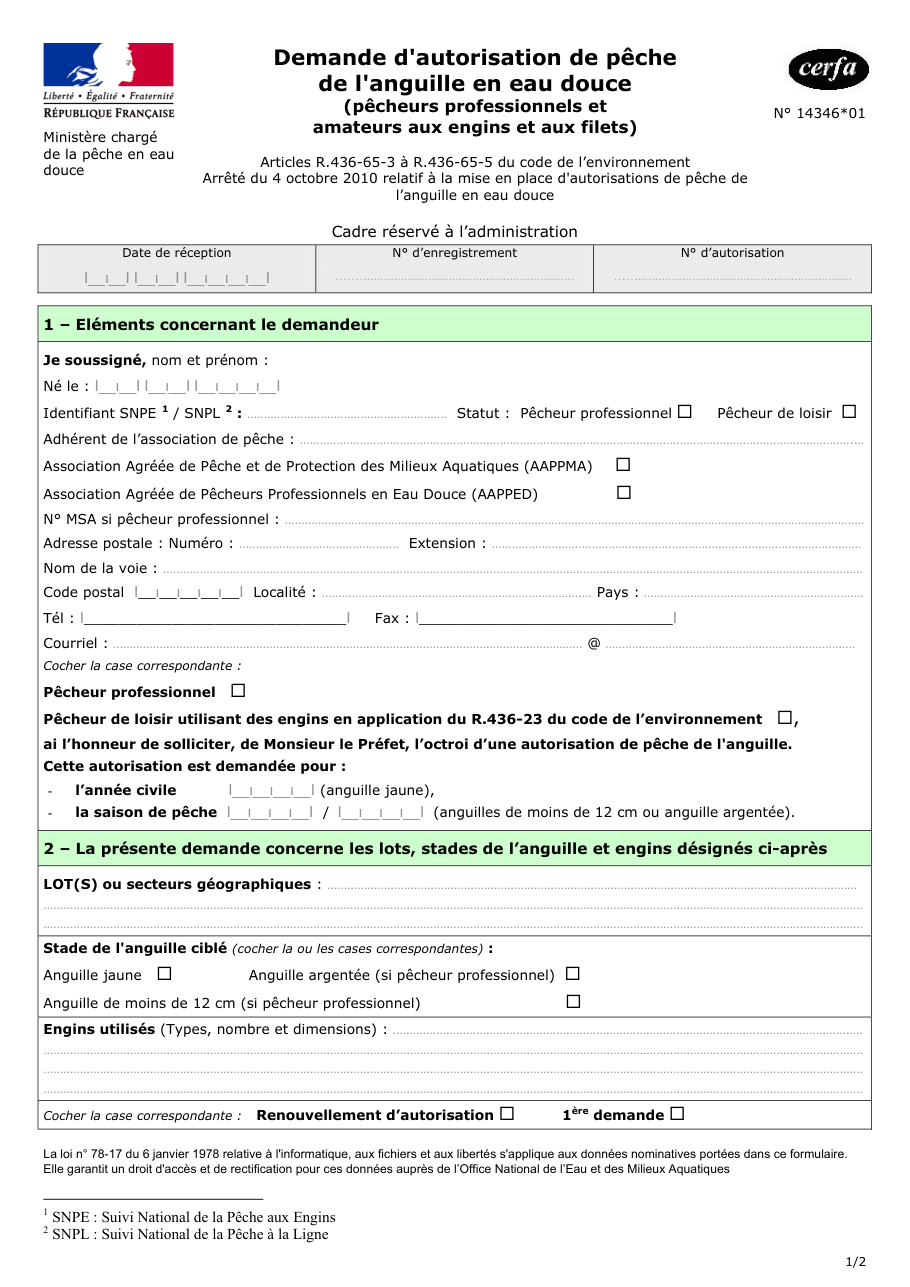 Page 1 du formulaire cerfa 14346 — Demande d'autorisation de pêche de l'anguille en eau douce