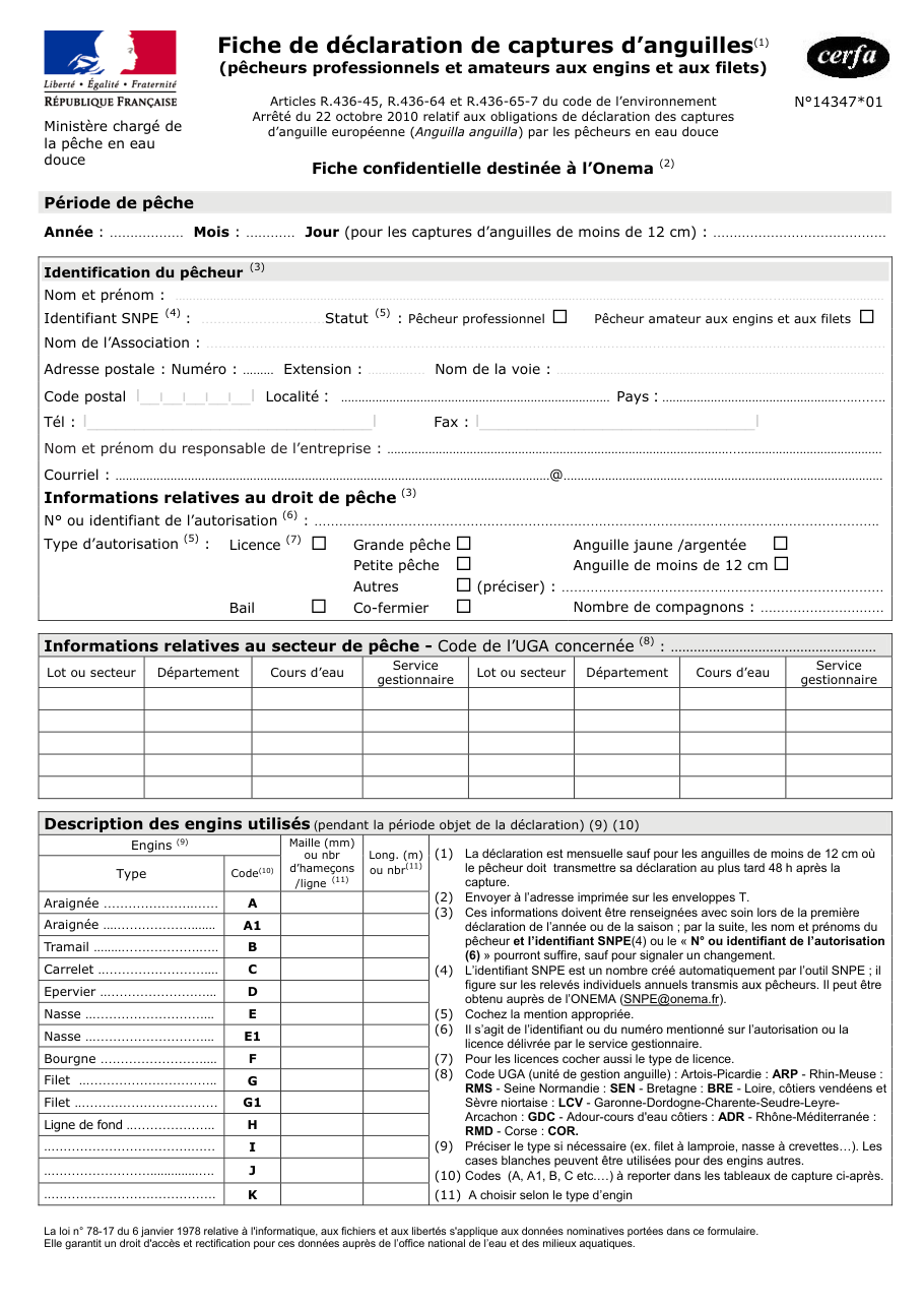 Page 1 du formulaire cerfa 14347 — Fiche de déclaration de captures d’anguilles
