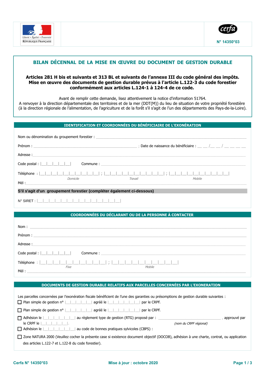 Page 1 du formulaire cerfa 14350 — Bilan décennal de la gestion durable d'une propriété forestière