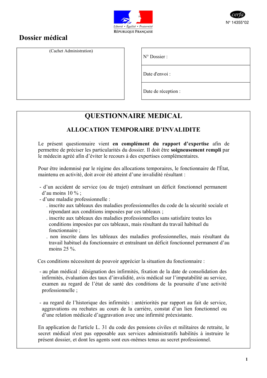 Page 1 du formulaire cerfa 14355 — Questionnaire médical pour l'allocation temporaire d'invalidité