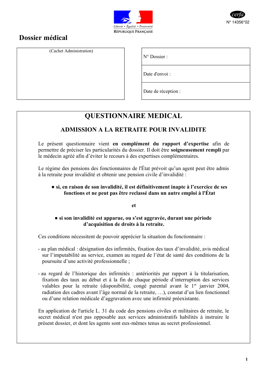 Page 1 du formulaire cerfa 14356 — Questionnaire médical pour l'admission à la retraite pour invalidité