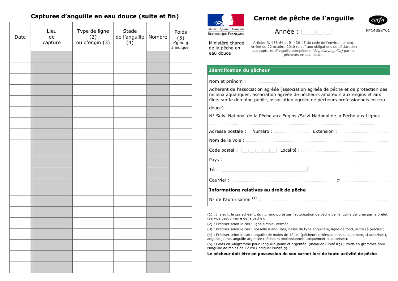 Page 1 du formulaire cerfa 14358 — Carnet de pêche de l’anguille