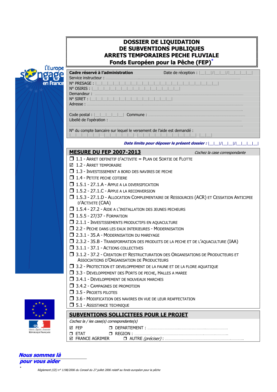 Page 1 du formulaire cerfa 14360 — Dossier de liquidation de subventions publiques – Arrêts temporaires pêche fluviale