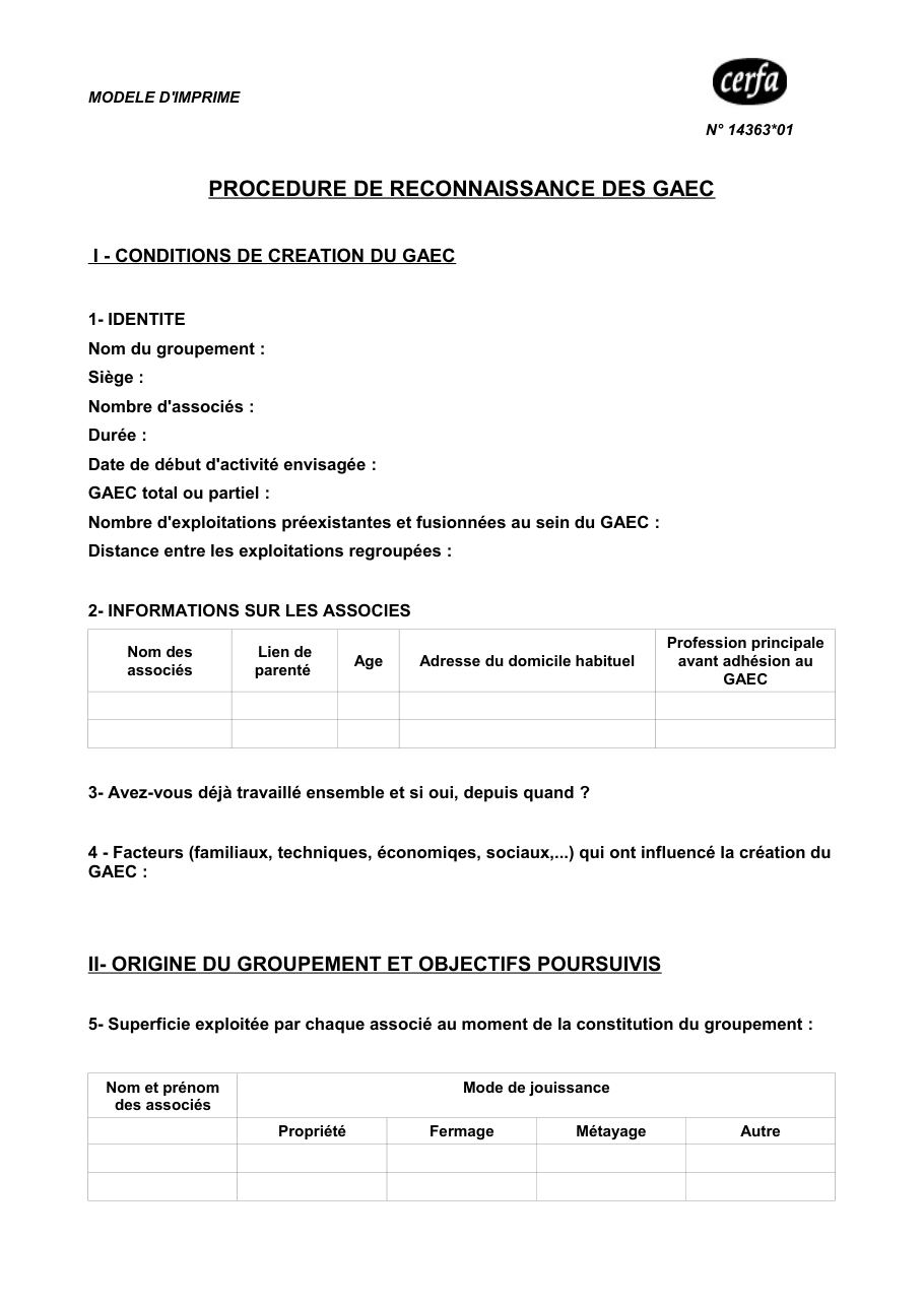 Page 1 du formulaire cerfa 14363 — Procédure de reconnaissance des GAEC
