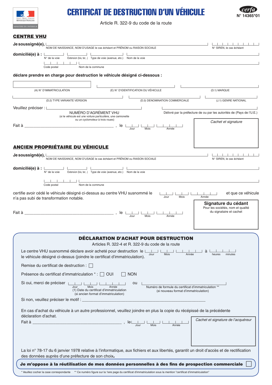 Page 1 du formulaire cerfa 14365 — Certificat de destruction d’un véhicule