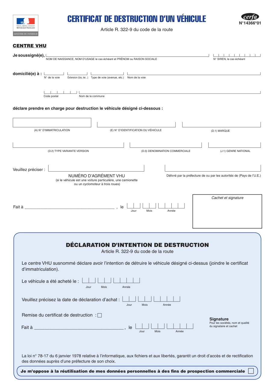 Page 1 du formulaire cerfa 14366 — Certificat de destruction d’un véhicule
