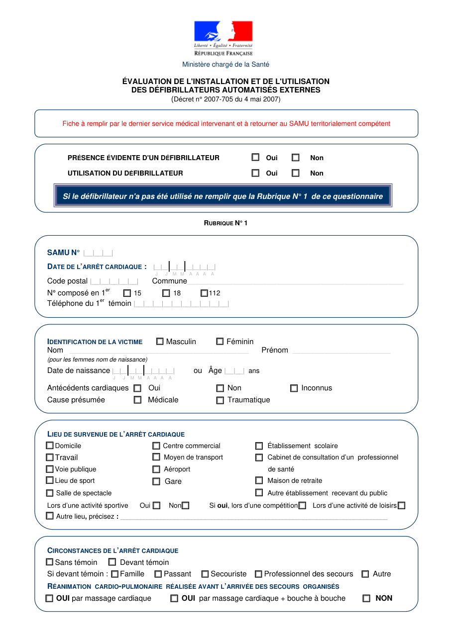 Page 1 du formulaire cerfa 14372 — Évaluation de l'installation et de l'utilisation des défibrillateurs automatisés externes