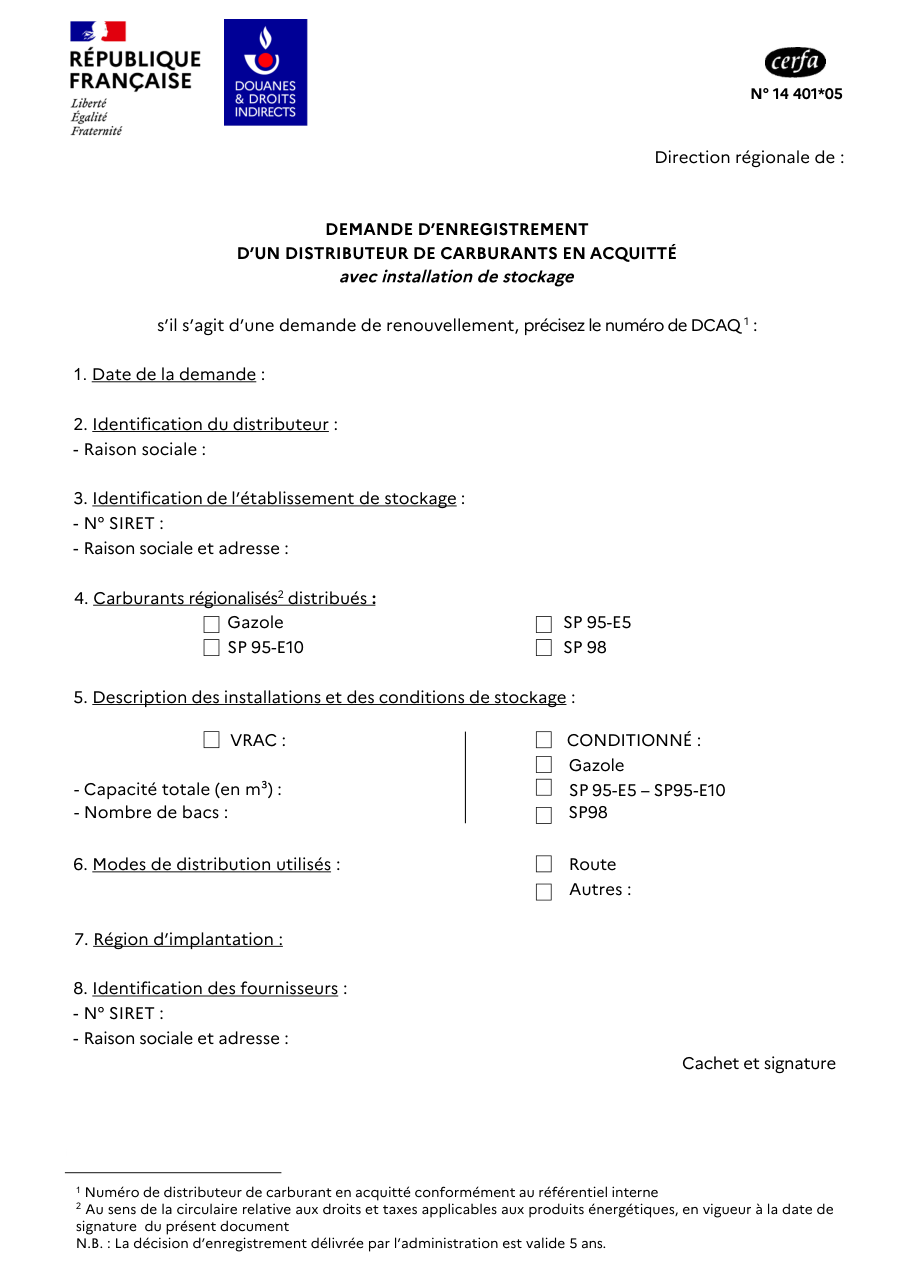 Page 1 du formulaire cerfa 14401 — Demande d'enregistrement d'un distributeur de carburants en acquitté avec installation de stockage