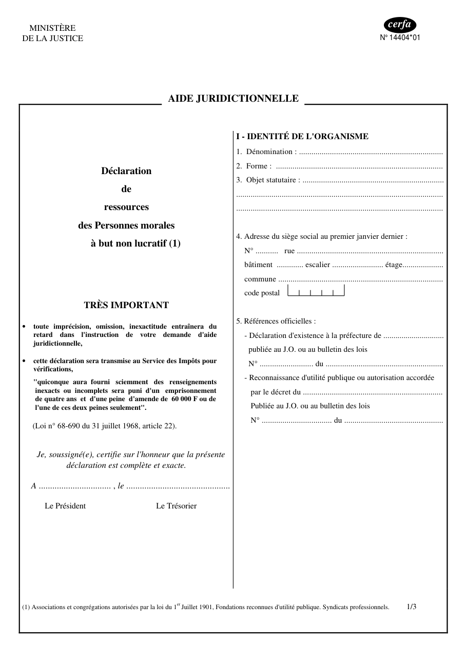 Page 1 du formulaire cerfa 14404 — Aide juridictionnelle — déclaration de ressources des personnes morales à but non lucratif