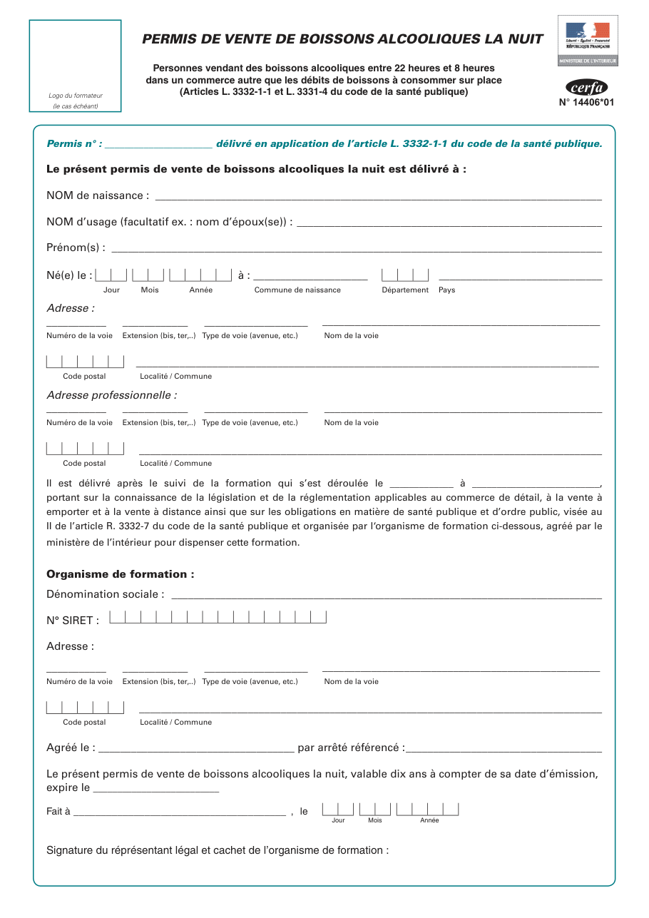 Page 1 du formulaire cerfa 14406 — Permis de vente de boissons alcooliques la nuit