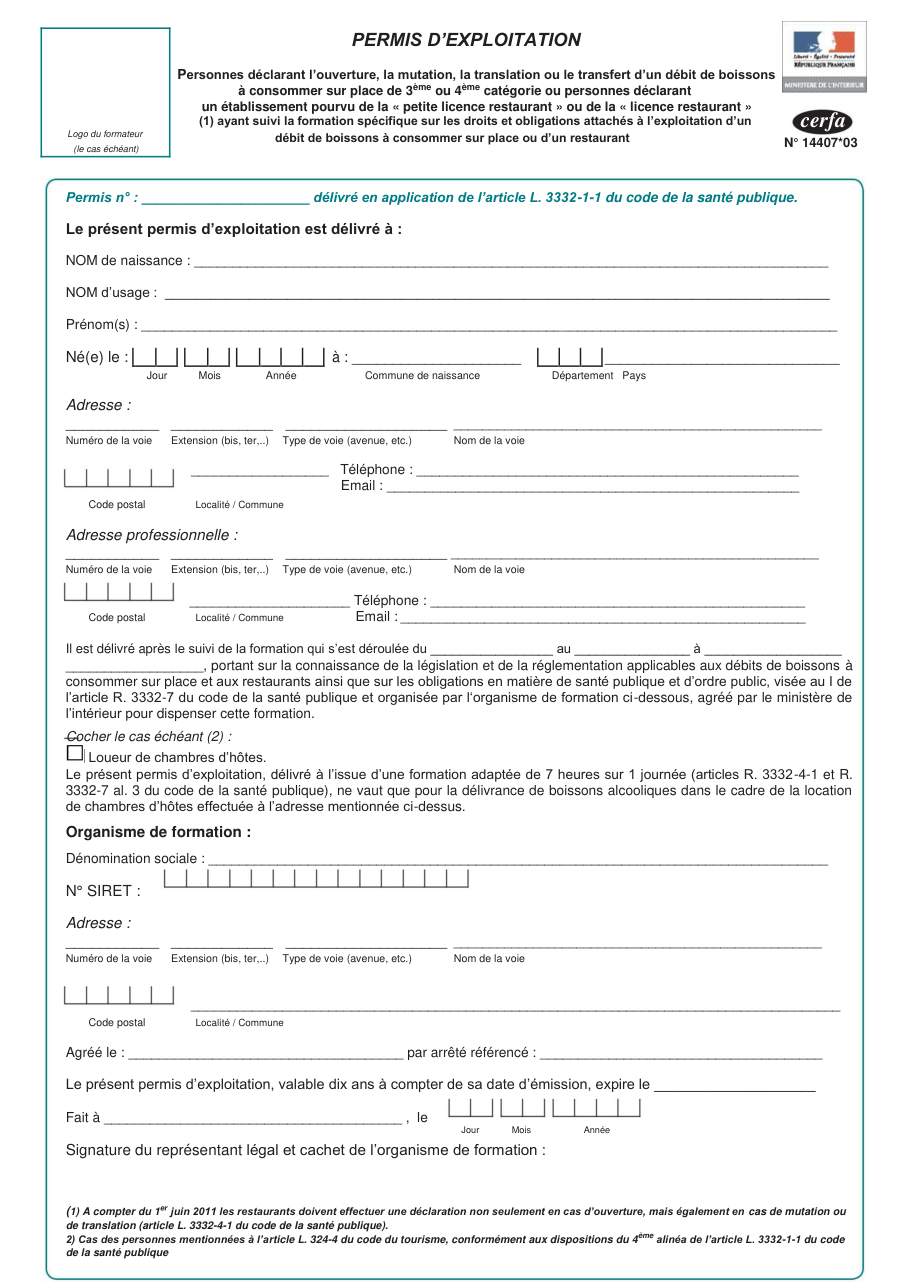 Page 1 du formulaire cerfa 14407 — Permis d’exploitation