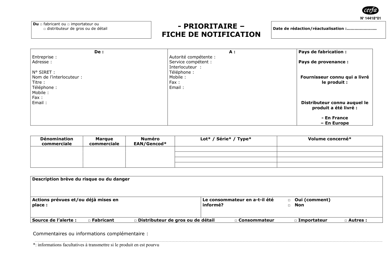 Page 1 du formulaire cerfa 14418 — Notifier un produit dangereux à l'autorité compétente