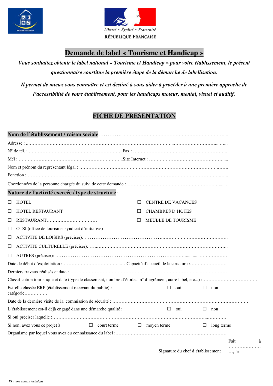 Page 1 du formulaire cerfa 14424 — Demande de label Tourisme et Handicap