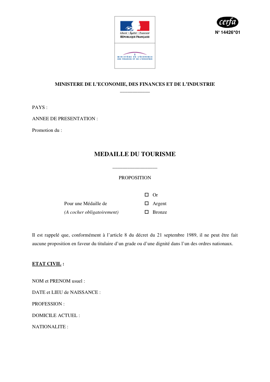 Page 1 du formulaire cerfa 14426 — Médaille du tourisme