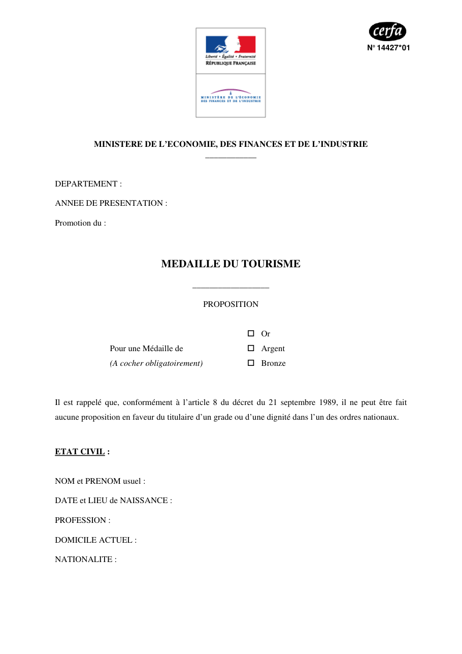 Page 1 du formulaire cerfa 14427 — Médaille du tourisme – Proposition