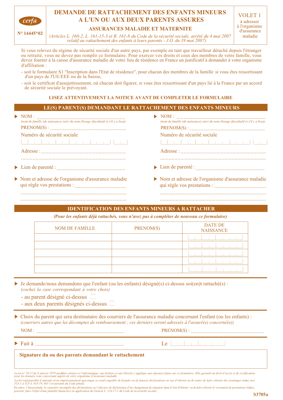 Page 1 du formulaire cerfa 14445 — Rattacher ses enfants mineurs à sa sécurité sociale