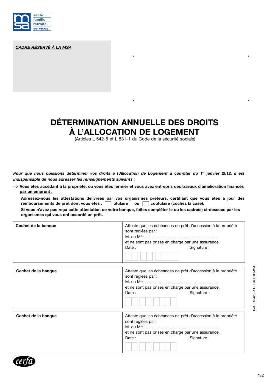 Page 1 du formulaire cerfa 14446 — Détermination annuelle des droits à l’allocation de logement