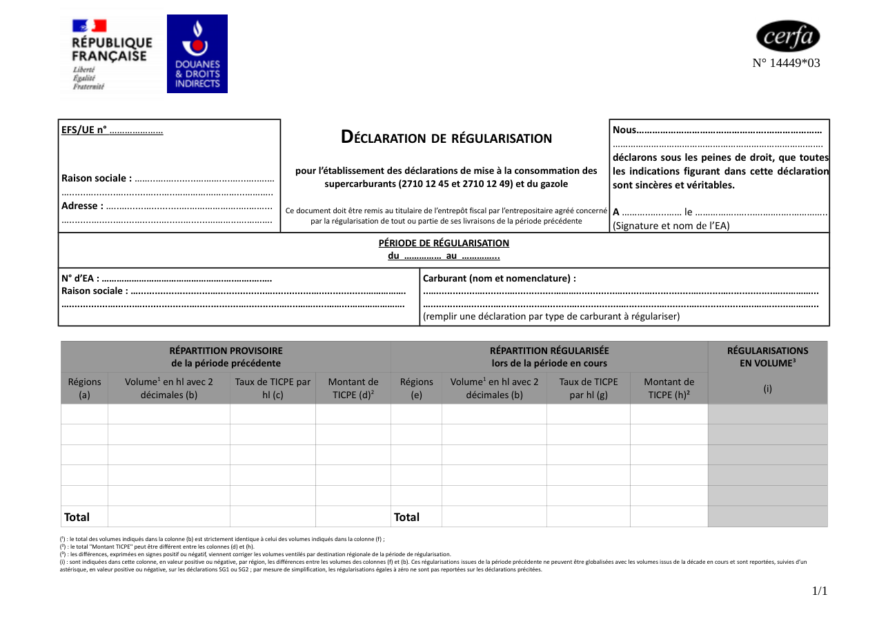 Page 1 du formulaire cerfa 14449 — Déclaration de régularisation pour l'établissement des déclarations de mise
