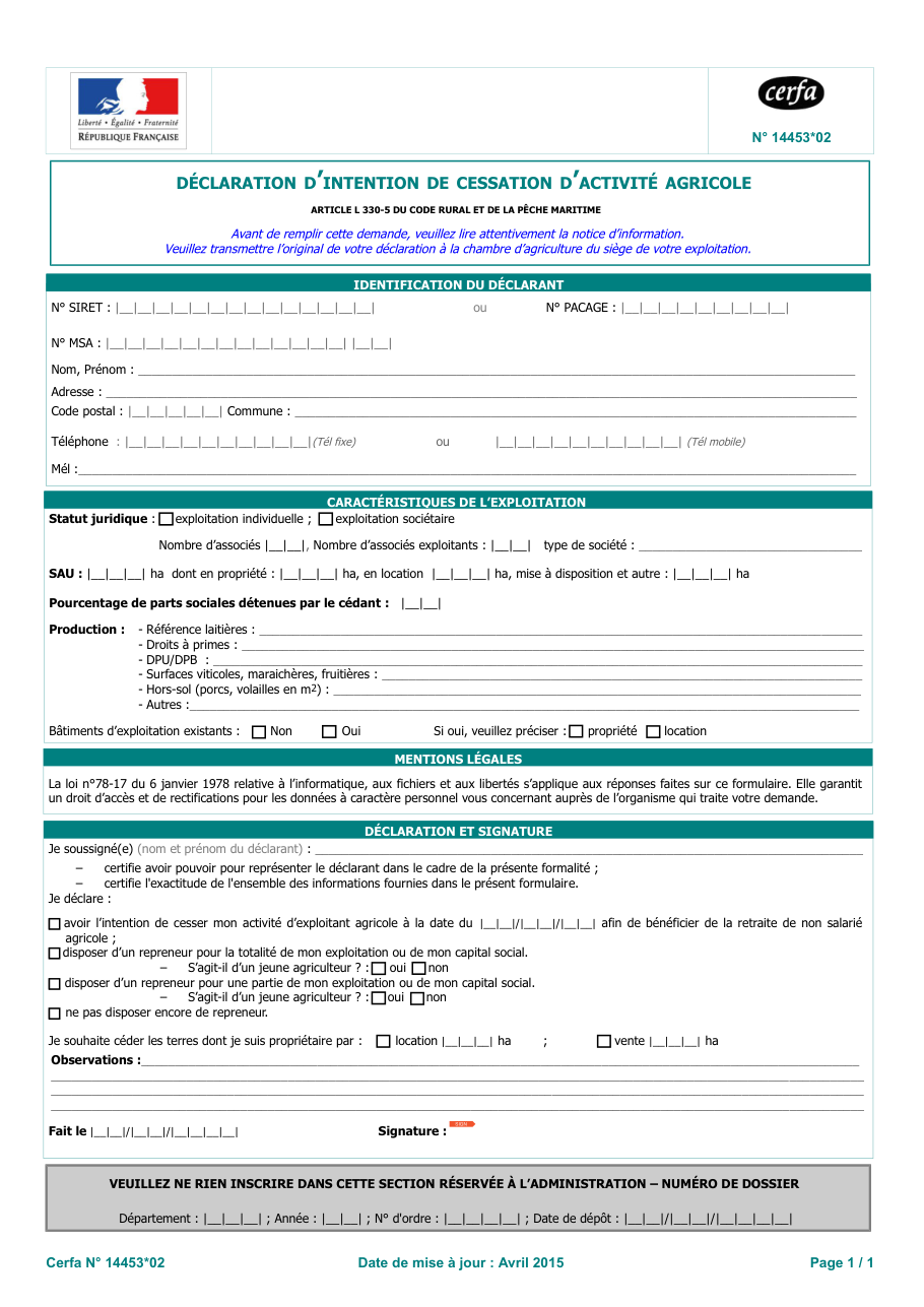 Page 1 du formulaire cerfa 14453 — Déclaration d'intention de cessation d'activité agricole