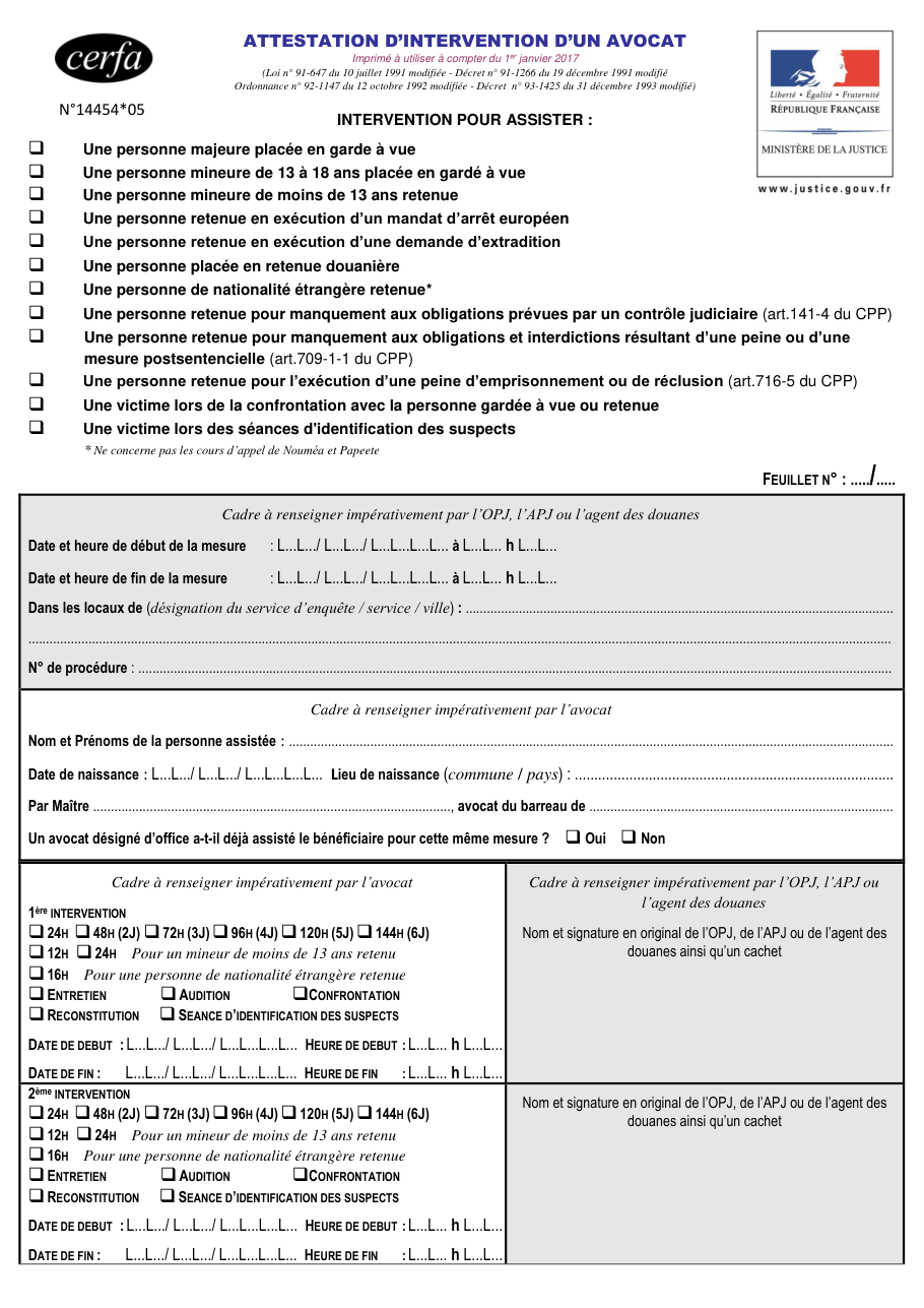 Page 1 du formulaire cerfa 14454 — Attestation d'intervention d'un avocat désigné d'office