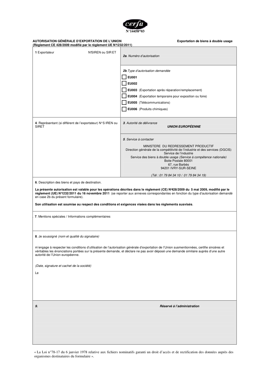 Page 1 du formulaire cerfa 14458 — Autorisation générale d'exportation de l'Union pour biens à double usage