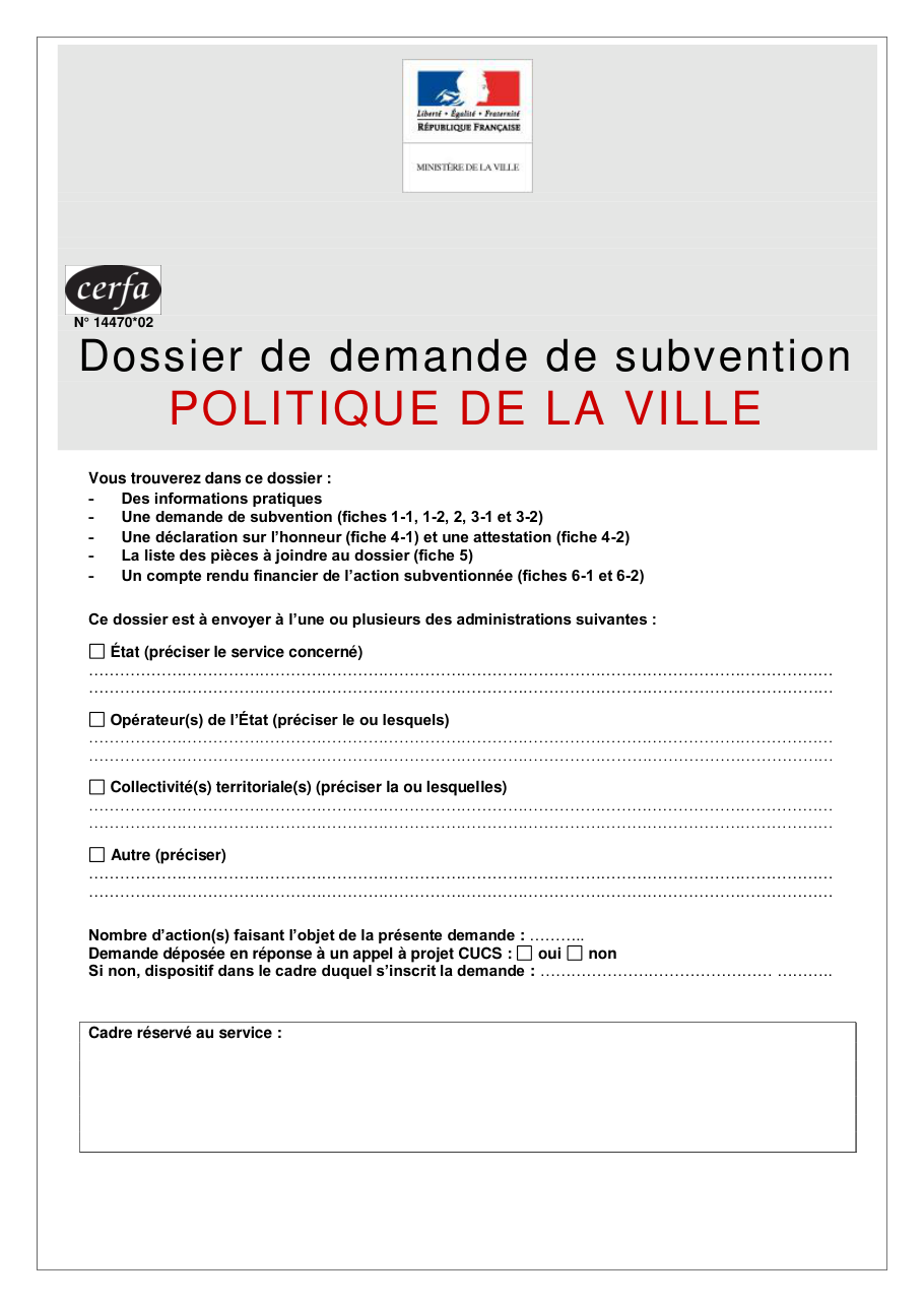 Page 1 du formulaire cerfa 14470 — Dossier de demande de subvention — politique de la ville