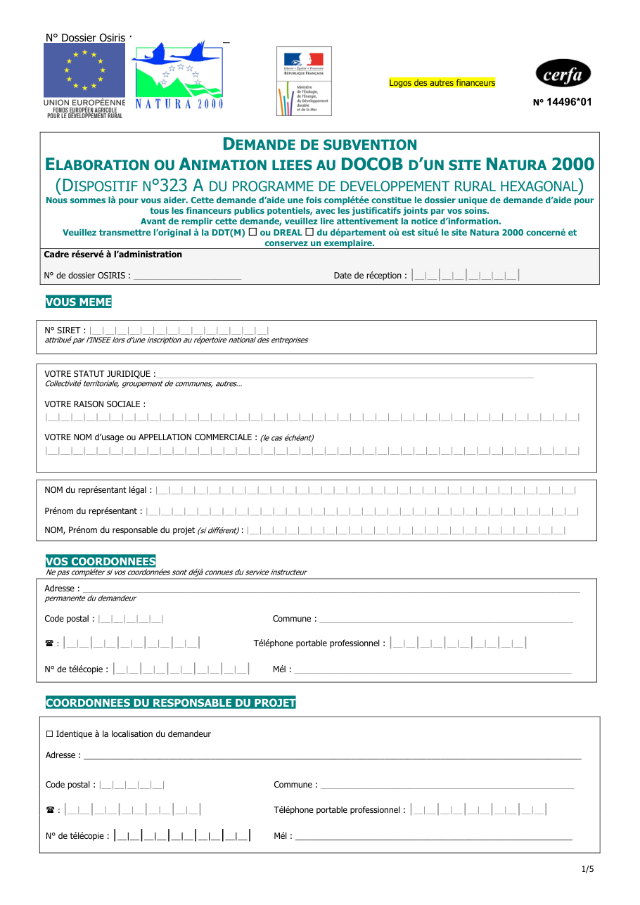 Page 1 du formulaire cerfa 14496 — Demande de subvention – élaboration ou animation liées au Docob d'un site Natura 2000