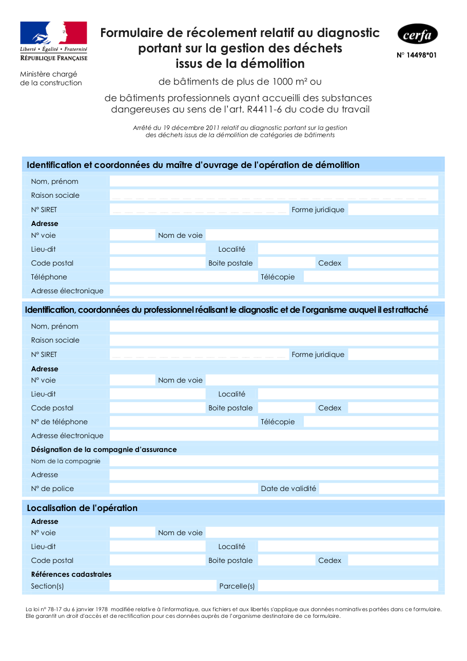 Page 1 du formulaire cerfa 14498 — Formulaire de récolement relatif au diagnostic portant sur la gestion des déchets issus de la démolition