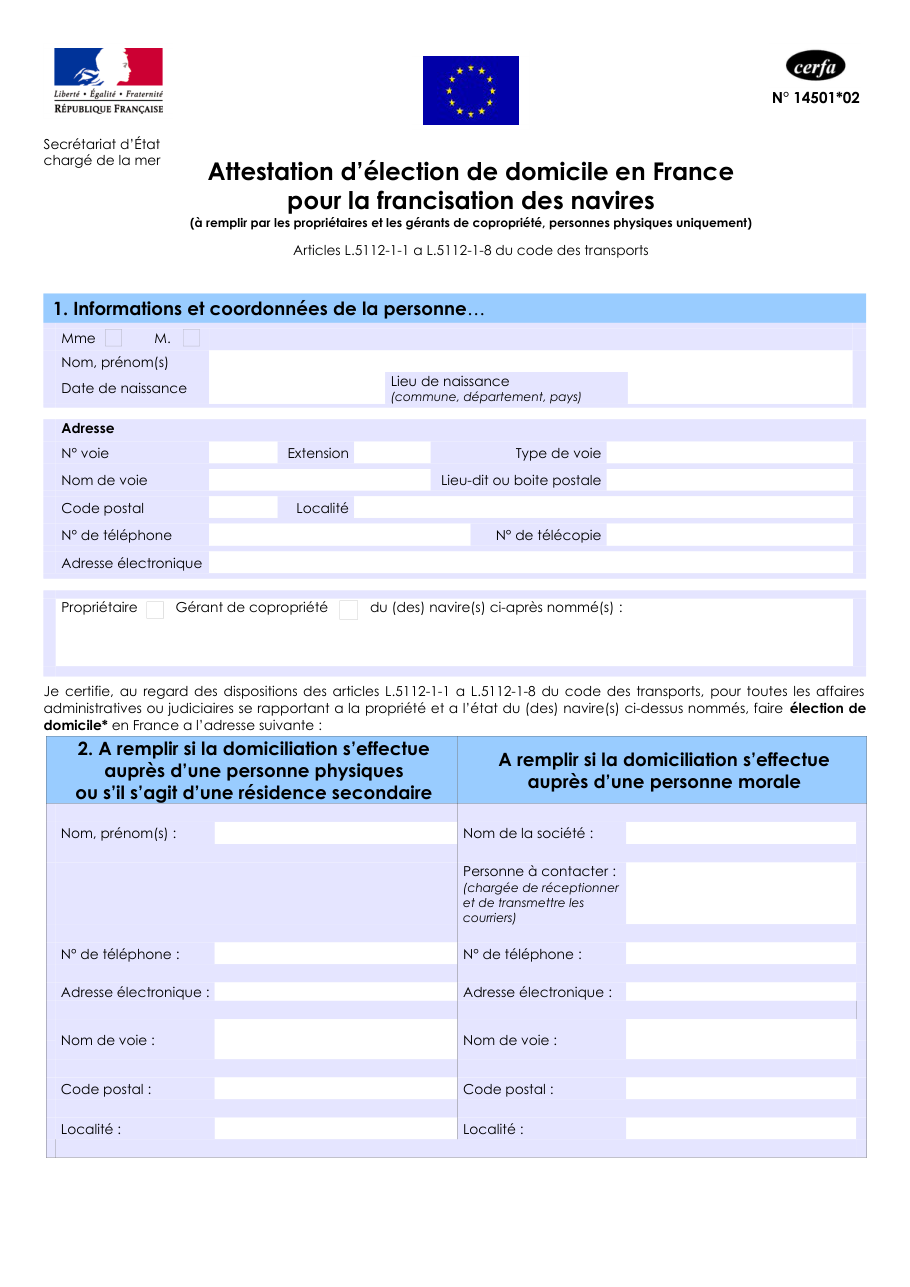 Page 1 du formulaire cerfa 14501 — Attestation d'élection de domicile en France pour la francisation des navires