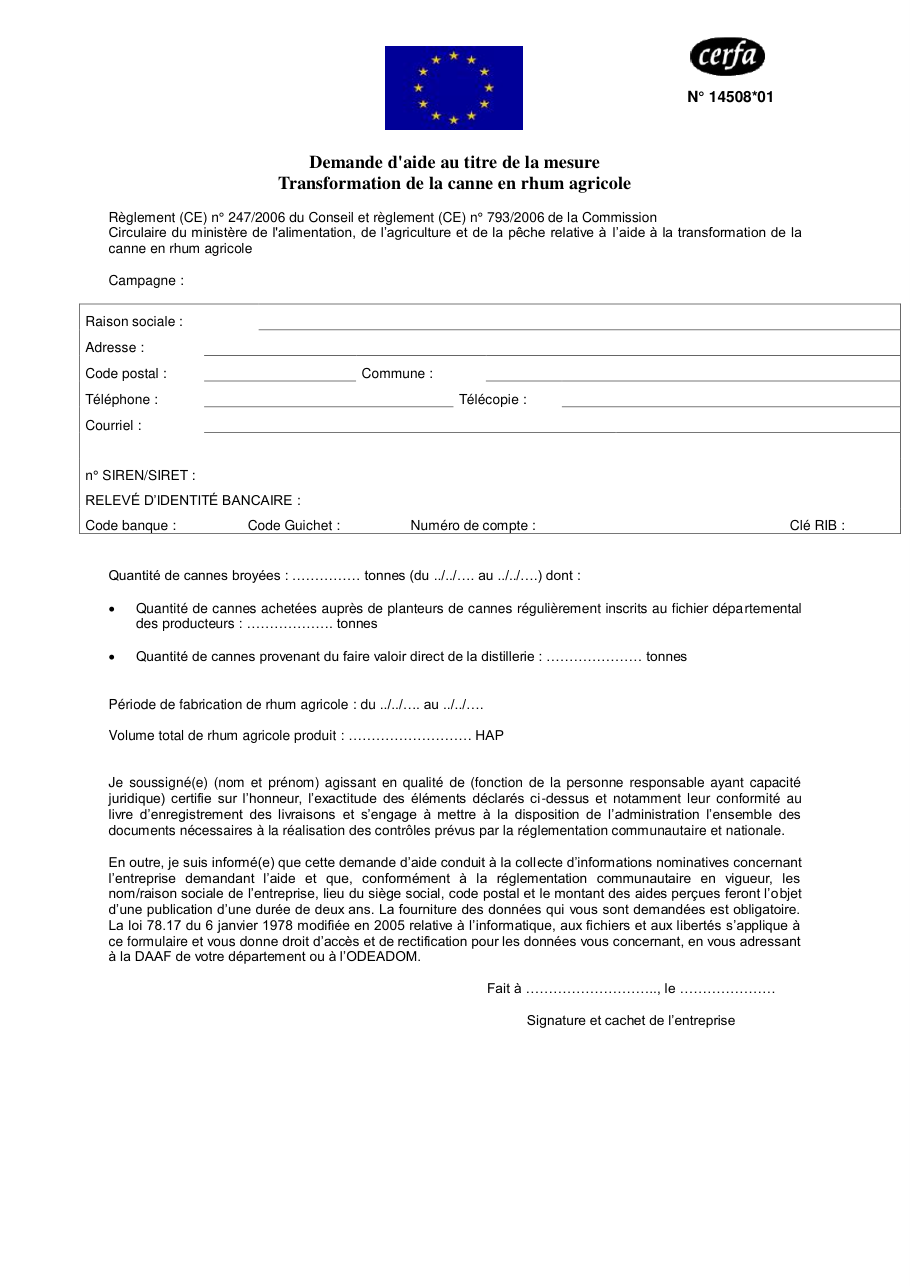 Page 1 du formulaire cerfa 14508 — Demande d'aide au titre de la mesure Transformation de la canne en rhum