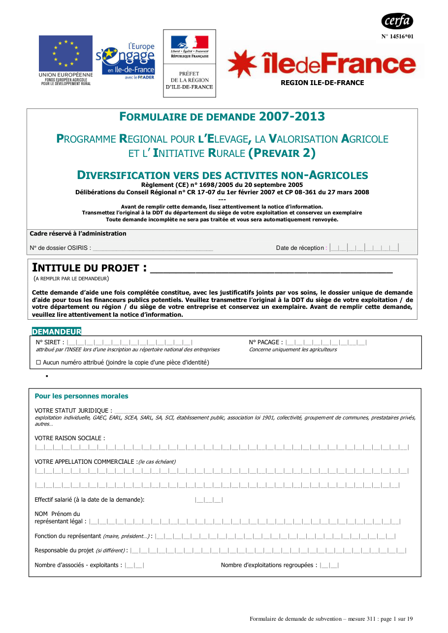 Page 1 du formulaire cerfa 14516 — Formulaire de demande de subvention PREVAIR pour la diversification vers des activités non agricoles